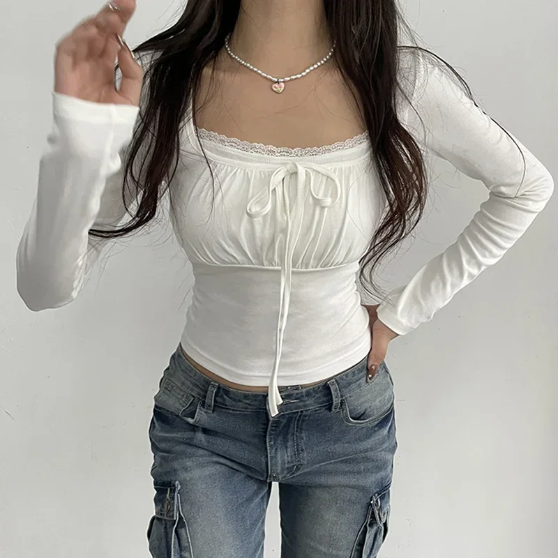 Korean White Lace Patched Female T-shirt - Y2K Sweet Folds Tee