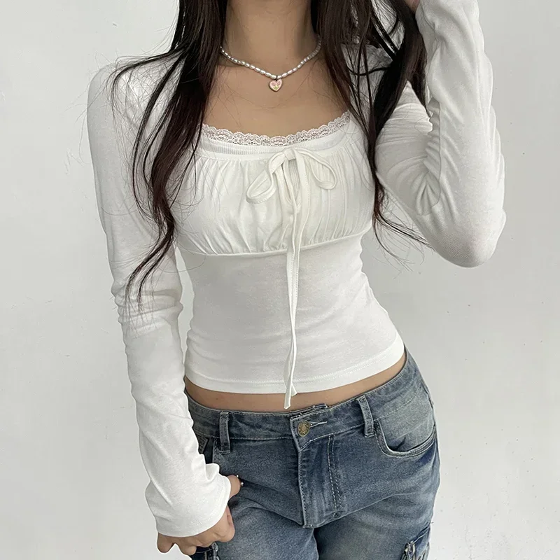 Korean White Lace Patched Female T-shirt - Y2K Sweet Folds Tee