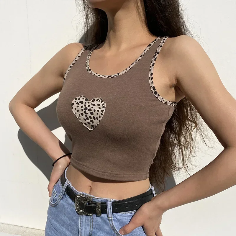 Leopard Print Camisole Crop Top: Brown Sleeveless Corset Tank - Y2K Aesthetic Streetwear