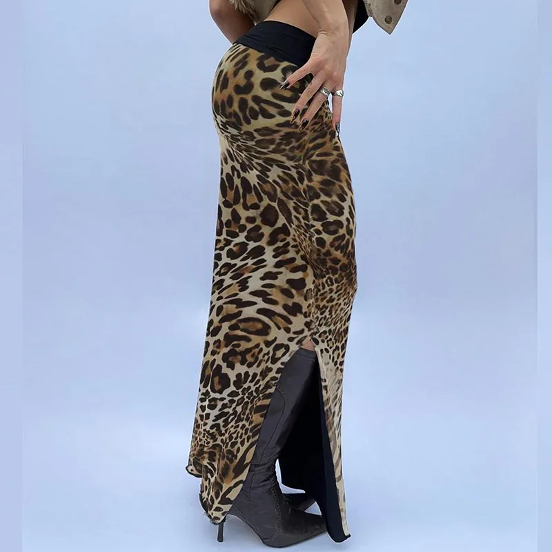 Leopard Print Patchwork Skirt - Y2K Chic High Waist Wrap Hip Slim Fit Side Slit Sexy Streetwear