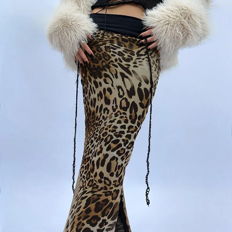 Leopard Print Patchwork Skirt - Y2K Chic High Waist Wrap Hip Slim Fit Side Slit Sexy Streetwear