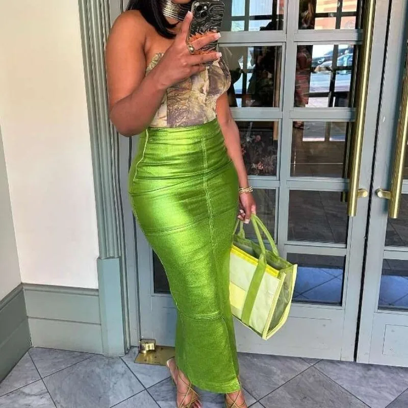 Metallic Green Y2k Skirt - High Waist Maxi A-line with Back Slit