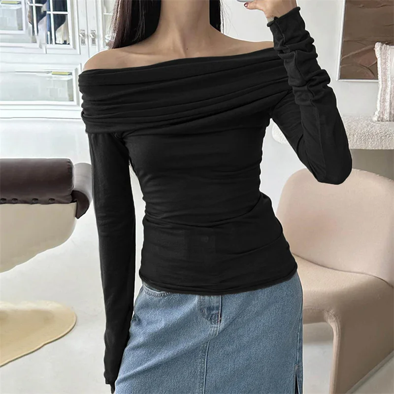 Off-Shoulder Y2K Ruched Top - Sexy Solid Color Long Sleeve Tee