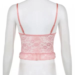 Pink Floral Lace Trim Y2K Summer Top - Cute Kawaii Hollow Out Bandage Bustier Corset Camisole