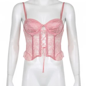 Pink Floral Lace Trim Y2K Summer Top - Cute Kawaii Hollow Out Bandage Bustier Corset Camisole