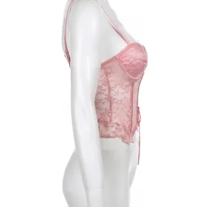 Pink Floral Lace Trim Y2K Summer Top - Cute Kawaii Hollow Out Bandage Bustier Corset Camisole