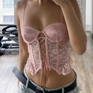 Pink Floral Lace Trim Y2K Summer Top - Cute Kawaii Hollow Out Bandage Bustier Corset Camisole