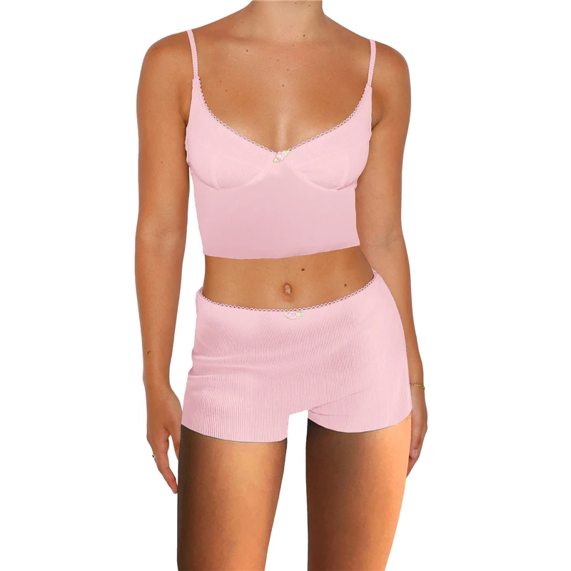 Pink Knitted Y2K Two-Piece Set: Spaghetti Strap Crop Top with Bow & Shorts