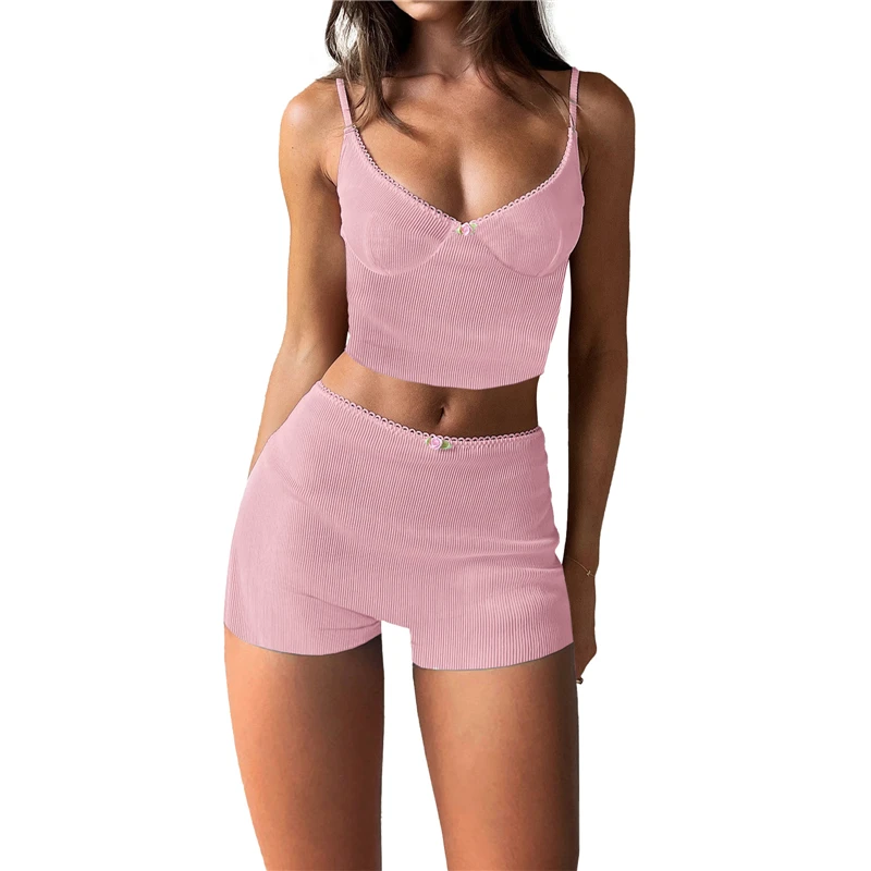 Pink Knitted Y2K Two-Piece Set: Spaghetti Strap Crop Top with Bow & Shorts