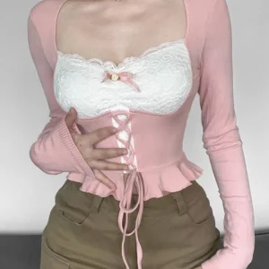 Pink Lace Patchwork Square Collar Y2K Crop Top - Coquette Girl Aesthetic