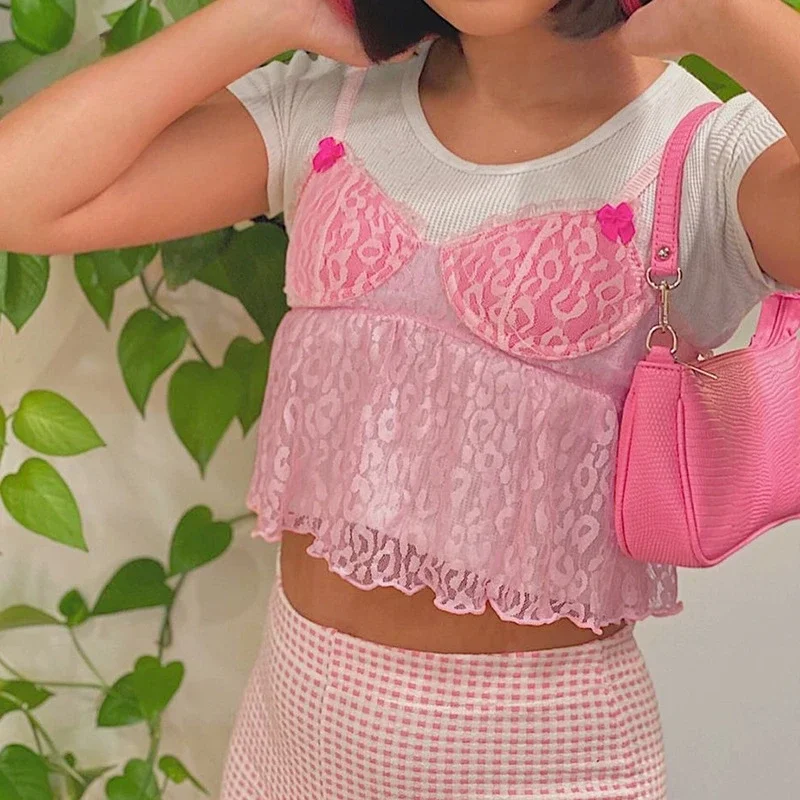 Pink Mesh Coquette Camisole Corset Top with Lace Bow - Y2K Summer Outfit