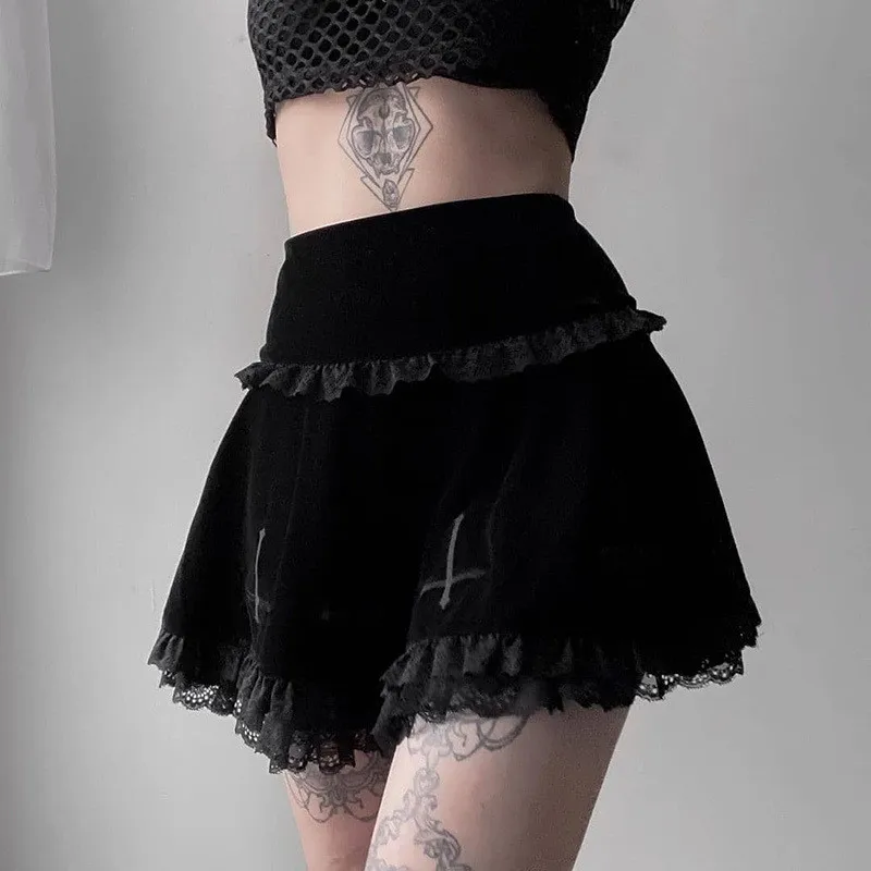 Punk Cross Pattern Mini Skirt - Y2K Grunge Gothic Black Lace A-line Vintage E-girl Clothes