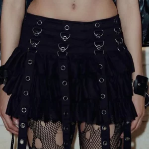 Punk High Waisted Goth Skirt with Chain & Lace-Up Corset Crop Top