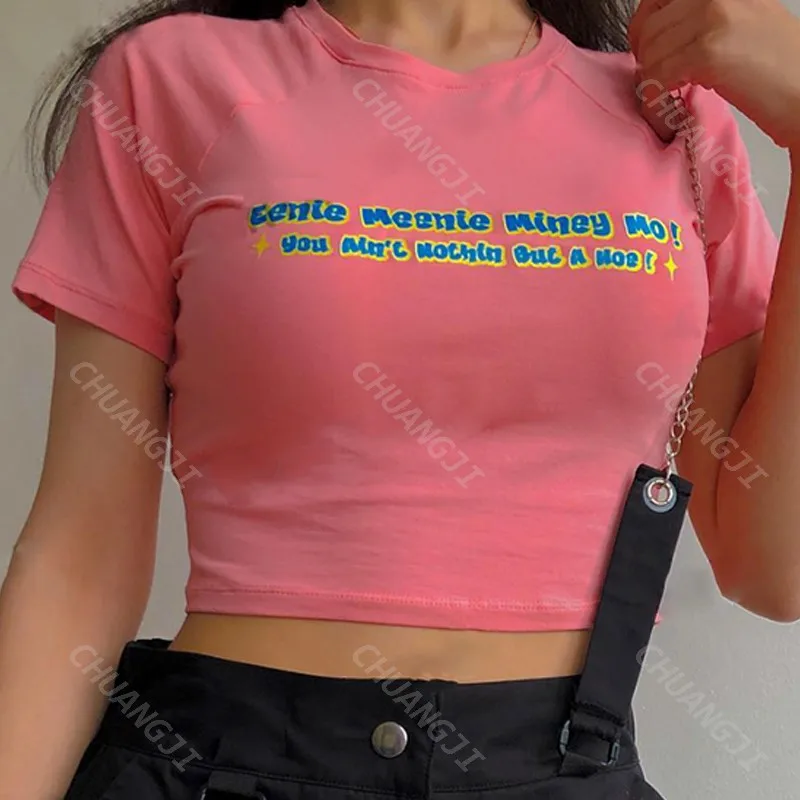 Punk Vintage Goth Graphic Short Sleeve Pink Letter Harajuku T-shirt - Y2K Crop Top Streetwear