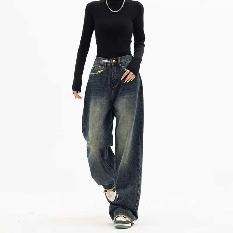 QWEEK Harajuku Y2K Vintage Baggy Jeans - Streetwear High Waist Pants