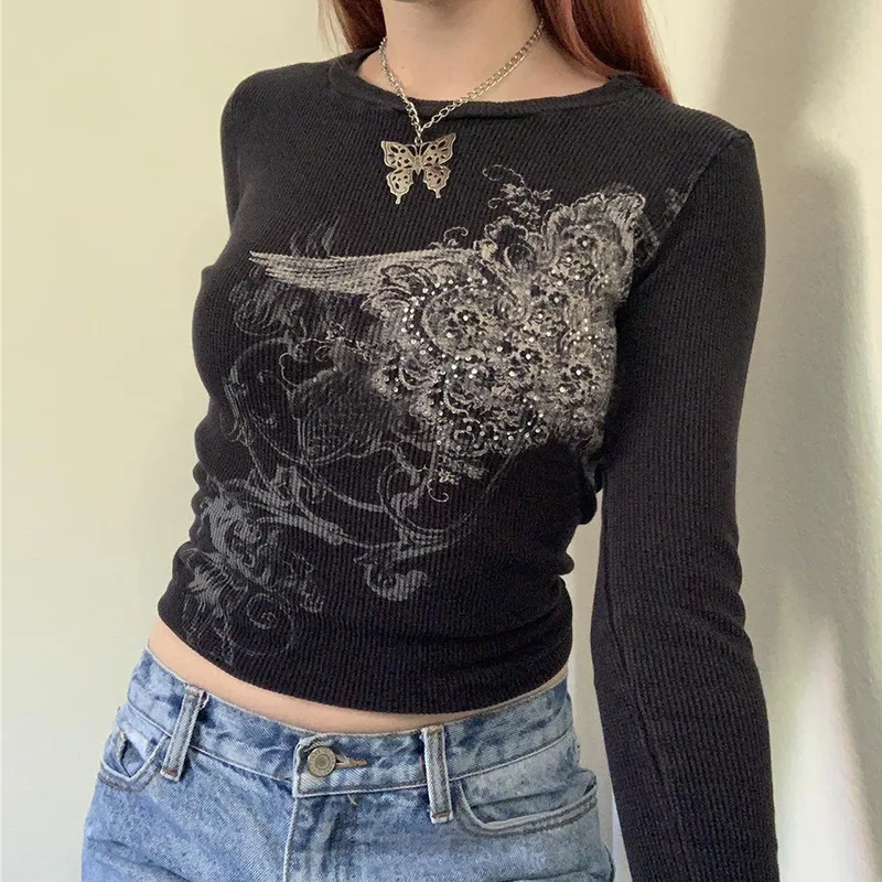 Rhinestone Crop Top Graphic Print Y2K Grunge Fairycore Long Sleeve T-Shirt - Aesthetic Women's Haraj