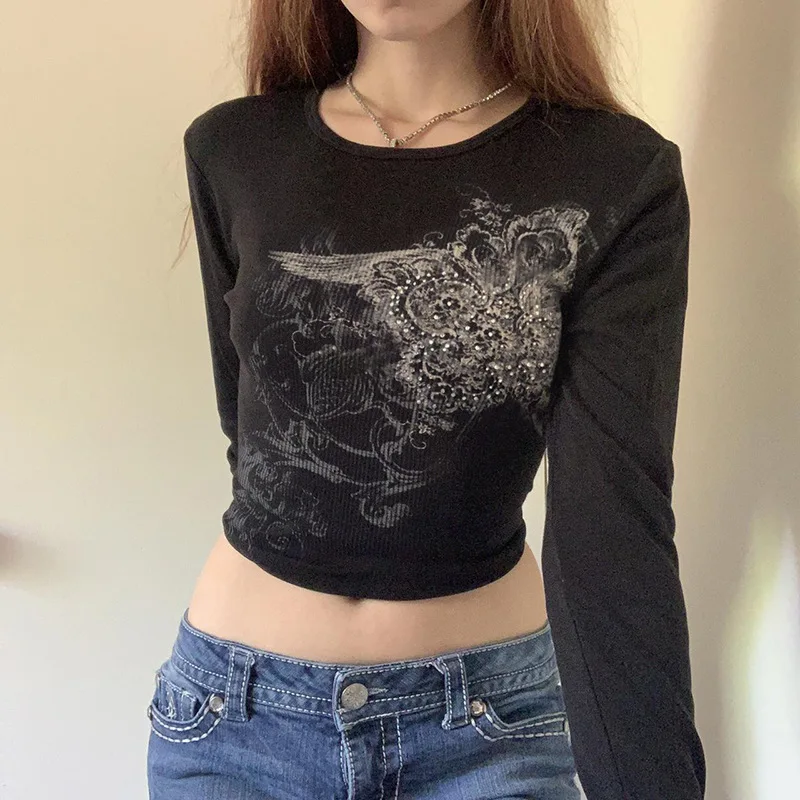 Rhinestone Crop Top Graphic Print Y2K Grunge Fairycore Long Sleeve T-Shirt - Aesthetic Women's Haraj