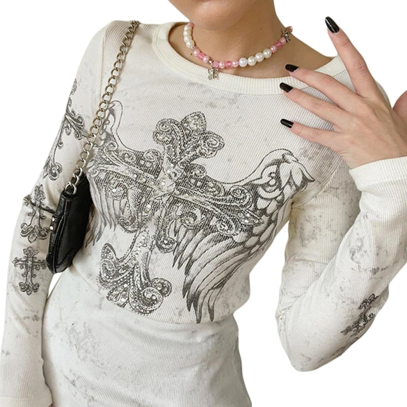 Rhinestone Cross Print Long Sleeve Tee - Y2K Aesthetic Grunge Streetwear