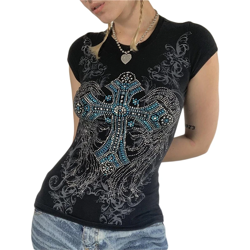 Rhinestone T-Shirt with Y2K Aesthetic Fairy Grunge Cross Wings Pattern - Casual Graphic Tee