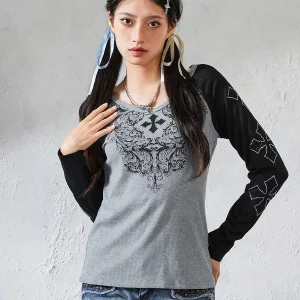 Rhinestone Top - Y2K Aesthetic Fairycore Grunge Long Sleeve Tee