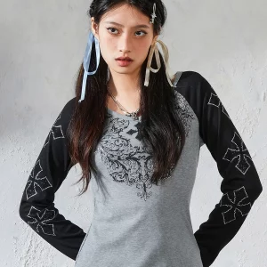 Rhinestone Top - Y2K Aesthetic Fairycore Grunge Long Sleeve Tee