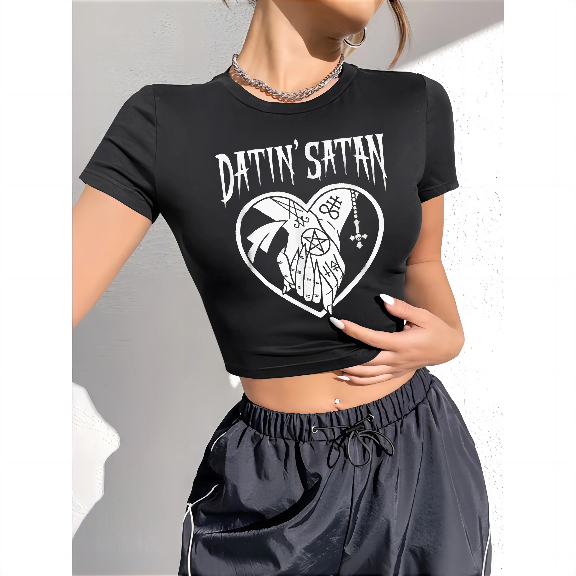 Satanic Heart Tattoo Hand Cropped T-Shirt - Y2K Grunge Goth Fashion