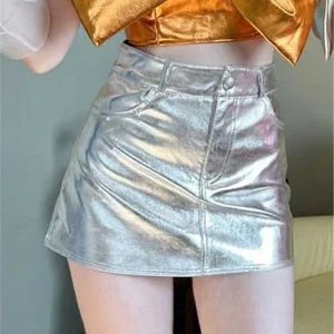 Shiny Reflective Patent Leather Mini Skirts - Y2K Summer Autumn Fashion