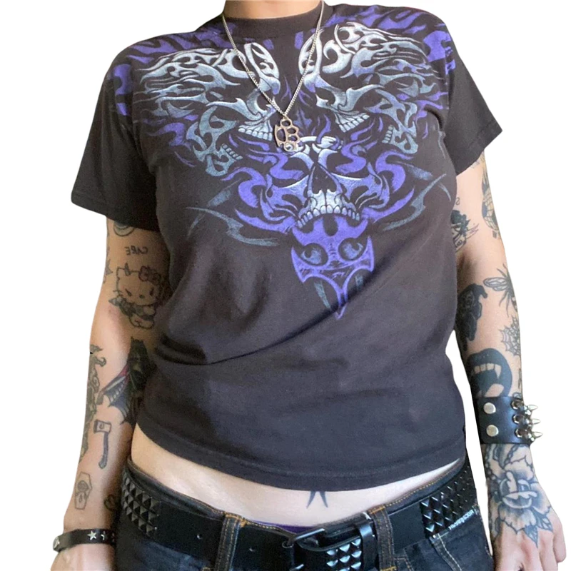 Skull Print Gothic Punk Crop Top - Y2K Dark Academia Streetwear