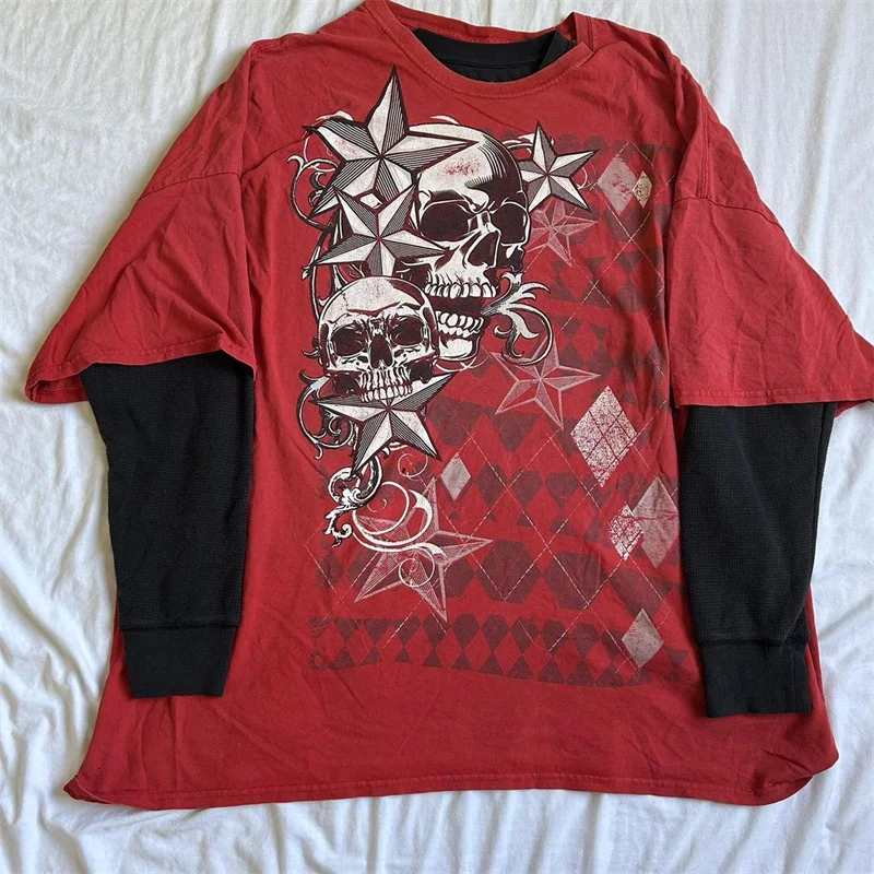 Skull Top Cyber Y2K Aesthetic Graphic Patchwork Print Long Sleeve T-Shirt - 2000s Clothing Grunge