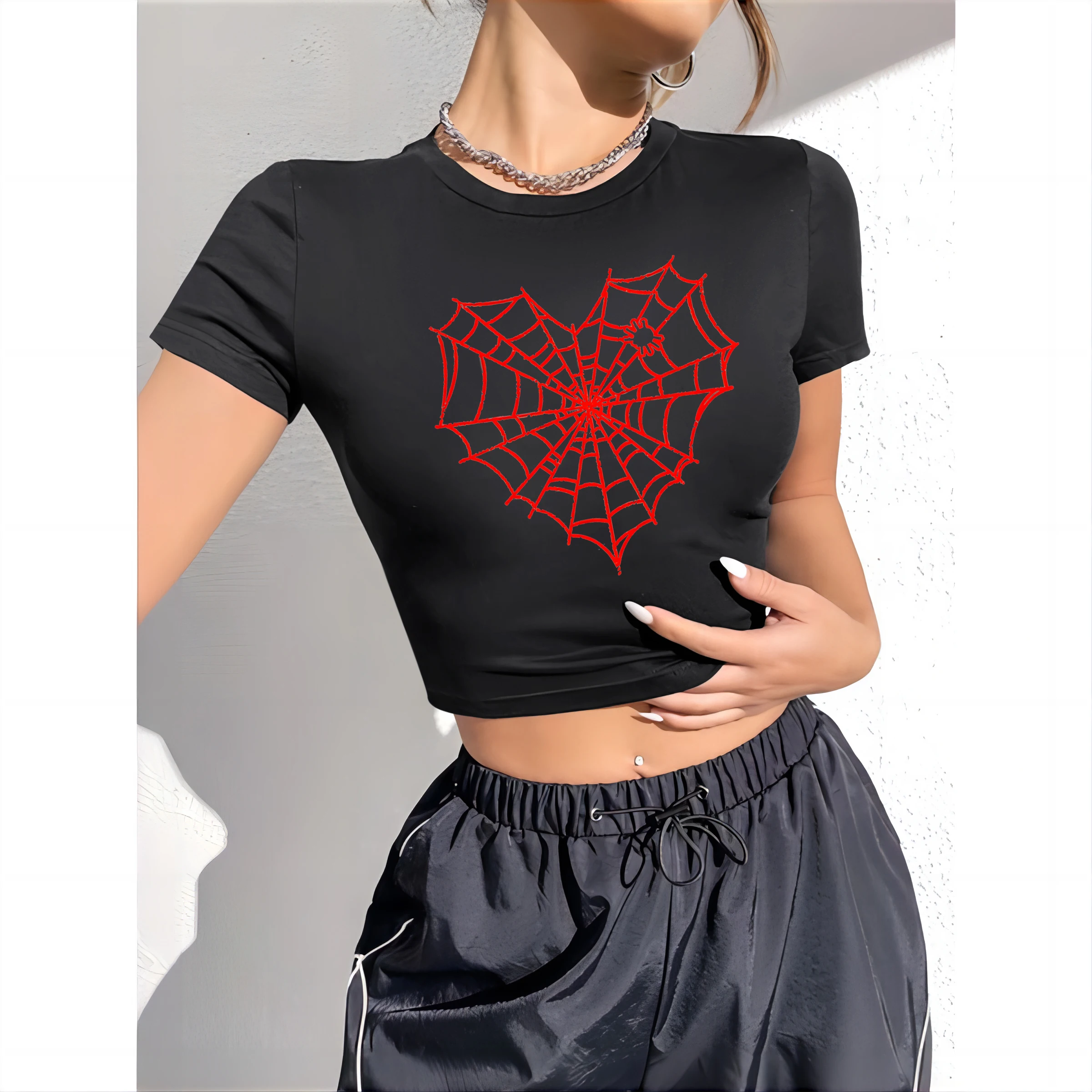 Spider Web Print Harajuku Aesthetics Women's T-shirt - 90s Summer Vintage Top