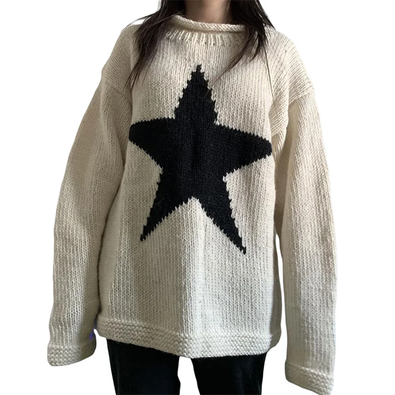 Star Pattern Loose Knit Sweater - Round Neck Long Sleeve Pullover for Women - Y2K Streetwear