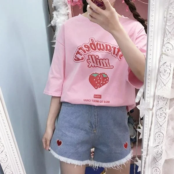 Strawberry Milk Sweet Girl Pink Graphic Y2K Streetwear Top - Cute Cartoon Vintage Women T-Shirt