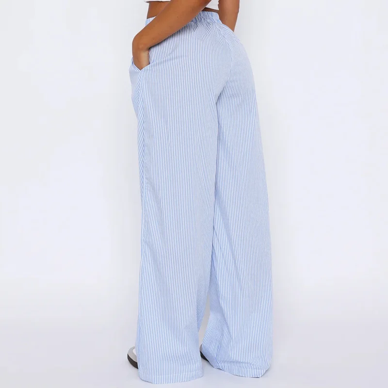 Striped Y2K Wide Leg Pants with Pockets - Casual Elastic High Waist Lounge Streetwear