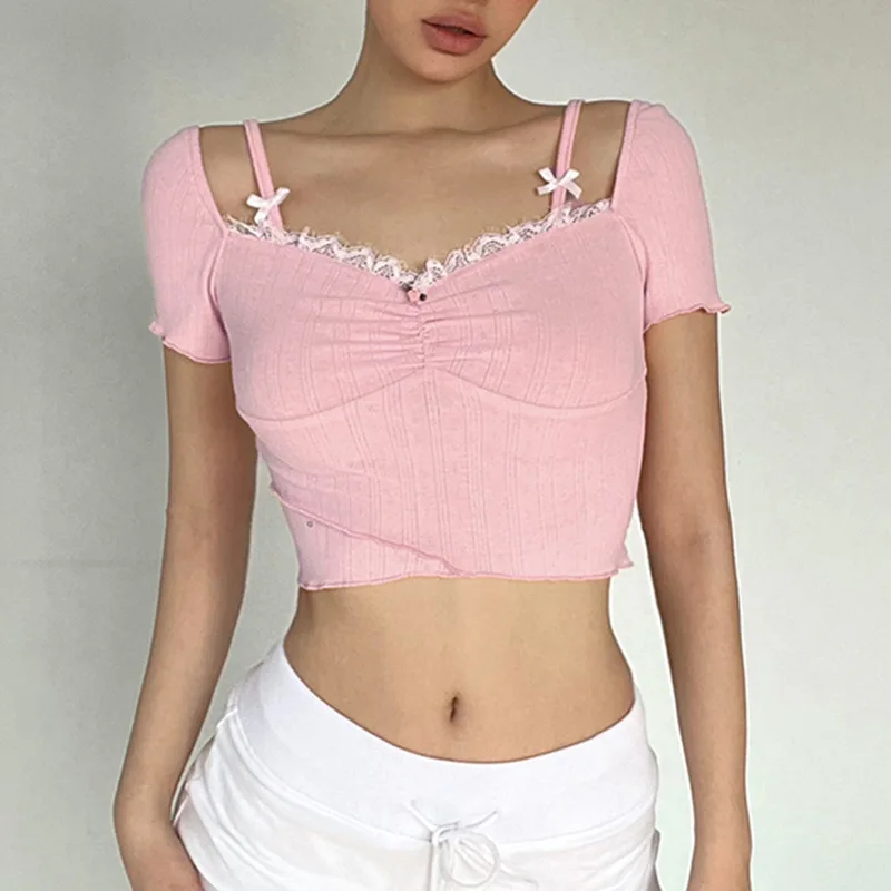 Sweet Contrast Lace Patchwork Cropped Top - Pink Coquette Aesthetic Knitted T-shirt