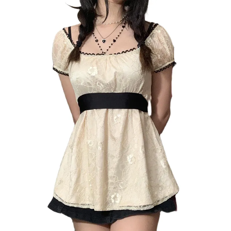 Sweet Fairy Grunge Lace A-Line Dress - Y2K Summer Patchwork Puff Sleeve Kawaii Outfit