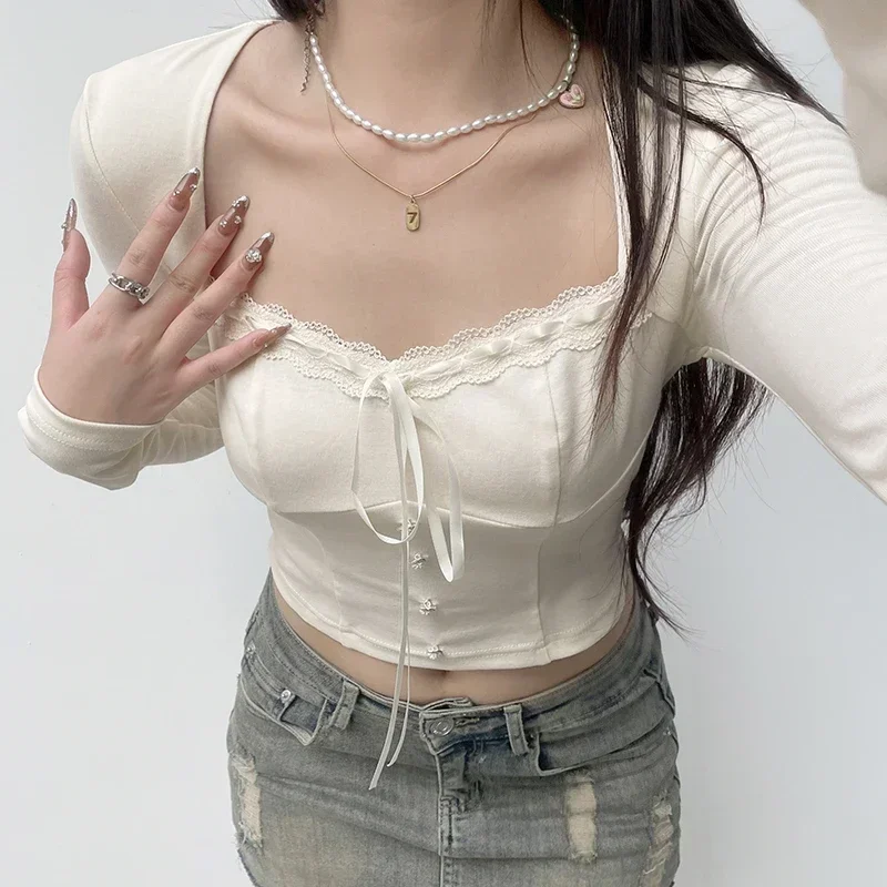 Sweet Lace Ribbons Tie-up Cropped Top - Beige Y2K Fashion - Long Sleeve Buttons - Cute Knitted Top