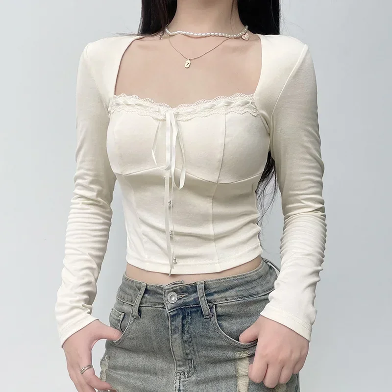 Sweet Lace Ribbons Tie-up Cropped Top - Beige Y2K Fashion - Long Sleeve Buttons - Cute Knitted Top