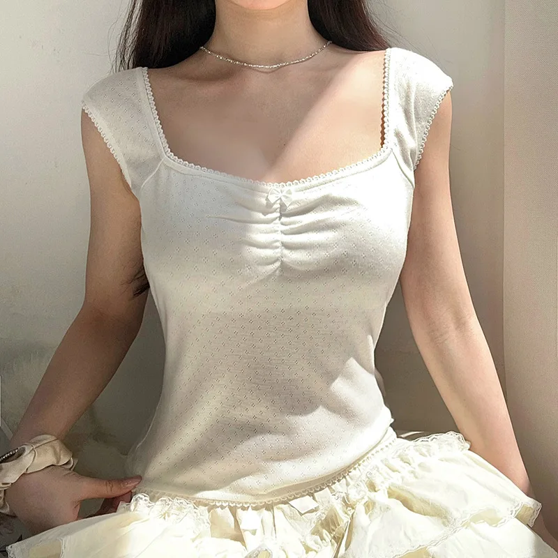 Sweet White Lace Trim Skinny Summer T-shirt - Y2K Fashion Crop Top