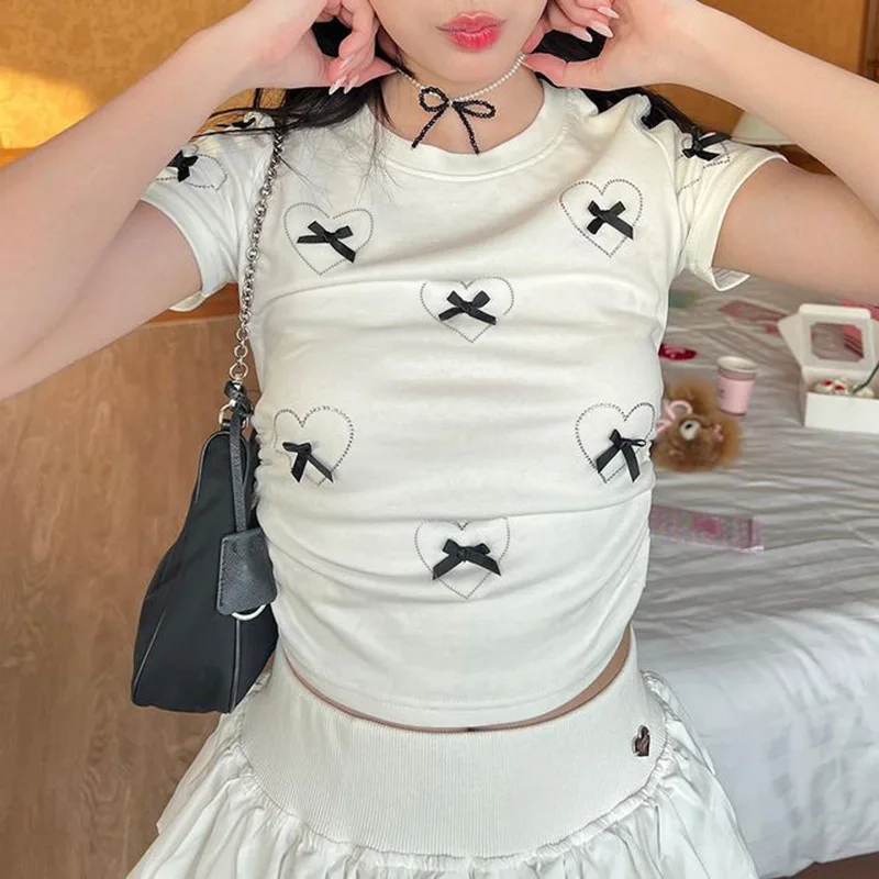 Sweet Y2K Slim-fit Short Sleeve T-shirt with Multi Bows - Summer Casual Basic Cute Tees