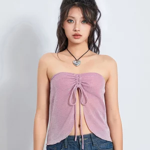 Vintage Aesthetic Crop Top: Strapless Lace-Up Bandage Tee for Y2K Summer Outfits