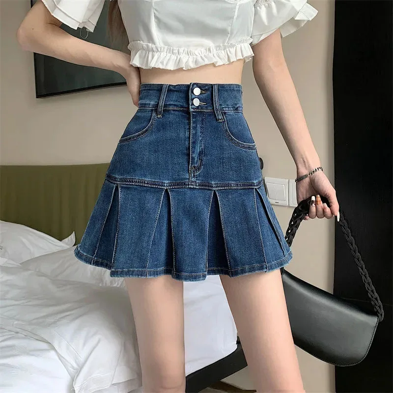 Vintage Blue Denim Pleated Skirt - Y2K High Waist Ruffle Mini Skirt