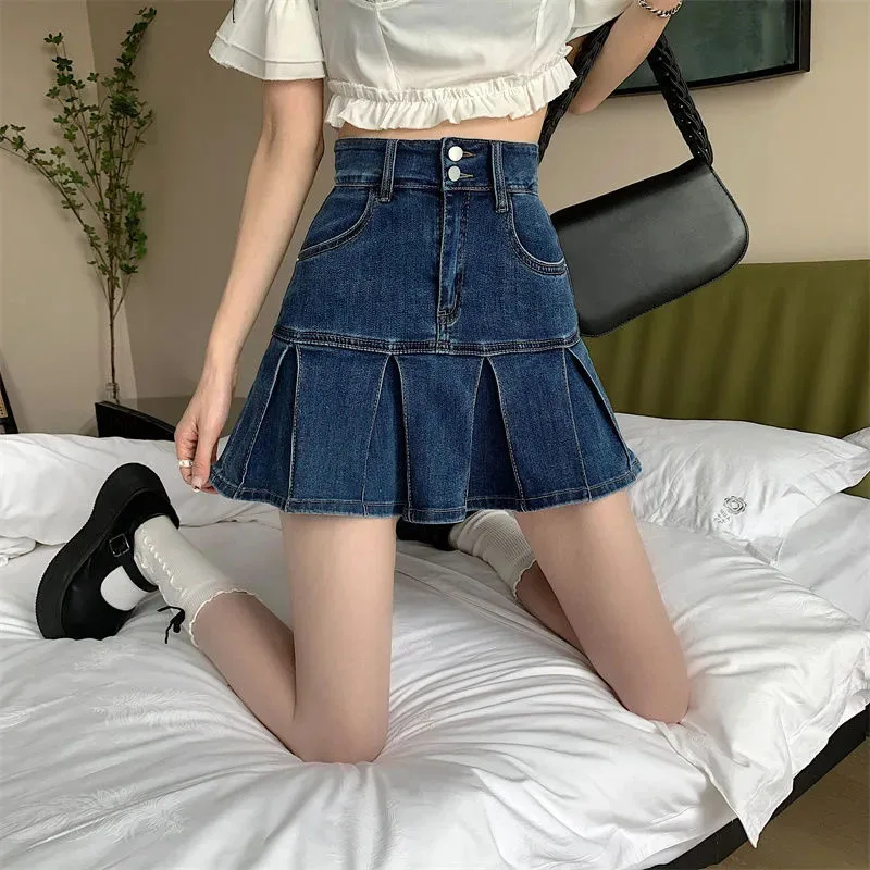 Vintage Blue Denim Pleated Skirt - Y2K High Waist Ruffle Mini Skirt