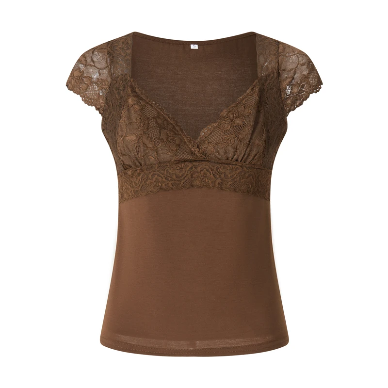 Vintage Brown Lace Crop Top - Y2K Aesthetic V-Neck Tee - Grunge Streetwear