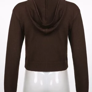 Vintage Brown Y2K Hooded Sweater: Autumn Winter Lantern Sleeve Zip-Up Cardigan