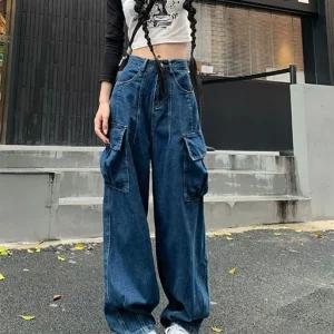 Vintage Dark Blue Cargo Jeans - Y2K Streetwear High Waist Denim Pants