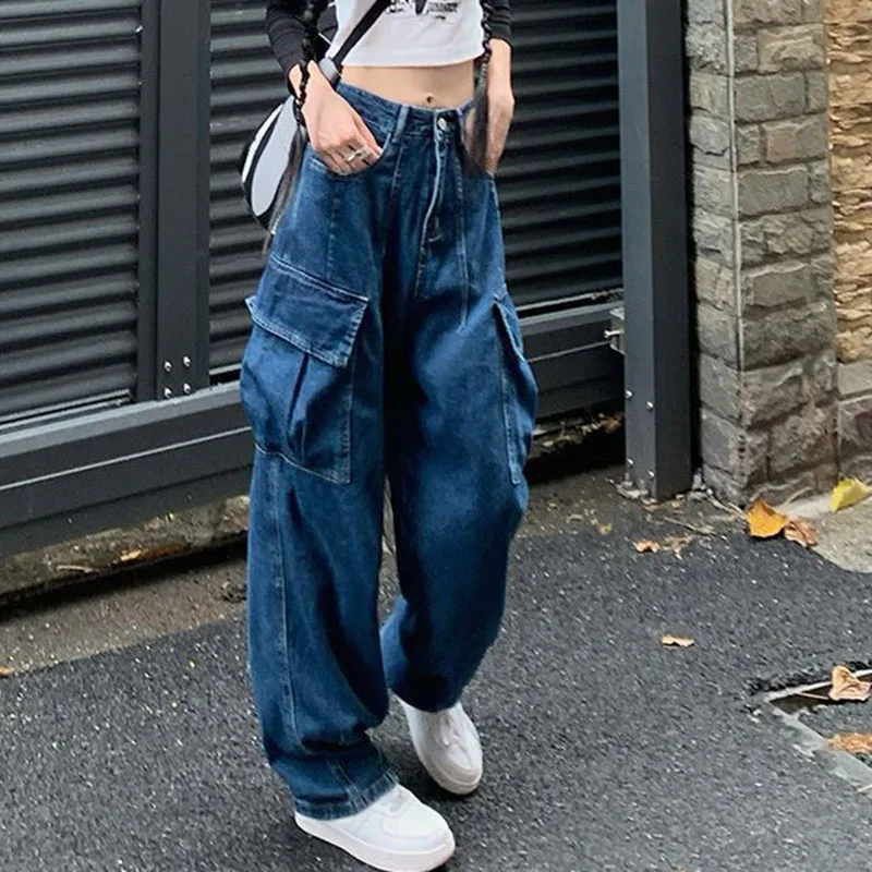 Vintage Dark Blue Cargo Jeans - Y2K Streetwear High Waist Denim Pants