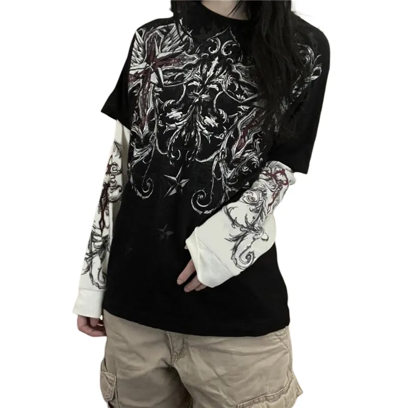 Vintage Gothic Graphic Print Long Sleeve T-Shirt - Y2K Dark Academia Streetwear