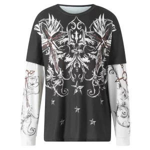 Vintage Gothic Graphic Print Patchwork Long Sleeve T-Shirt - Y2K Dark Academia Streetwear