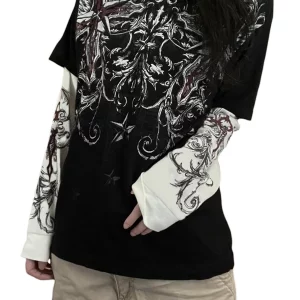 Vintage Gothic Graphic Print Patchwork Long Sleeve T-Shirt - Y2K Dark Academia Streetwear