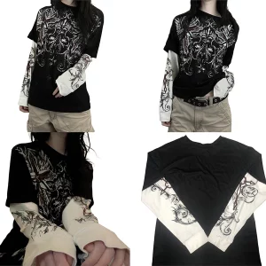 Vintage Gothic Graphic Print Patchwork Long Sleeve T-Shirt - Y2K Dark Academia Streetwear